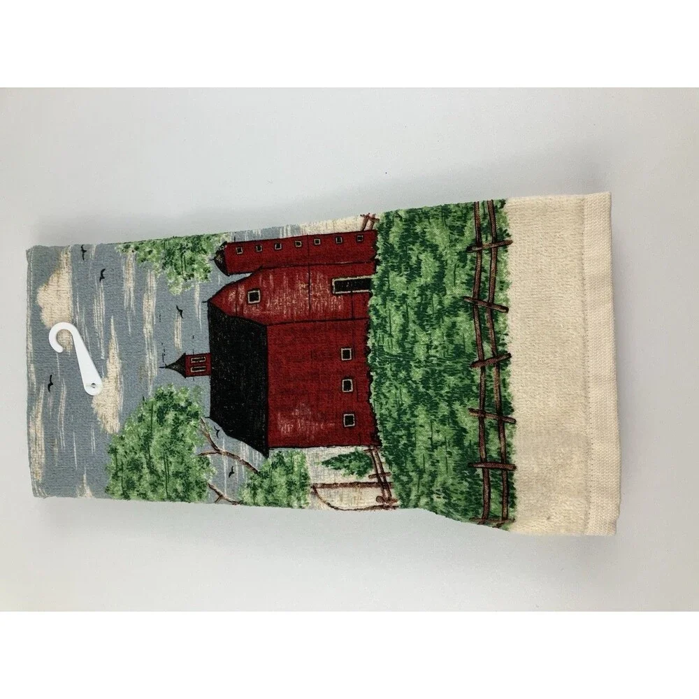 Warren Kimble Red Barn Tapestry Kitchen Set | Farmhouse Design Apron Towel VTG